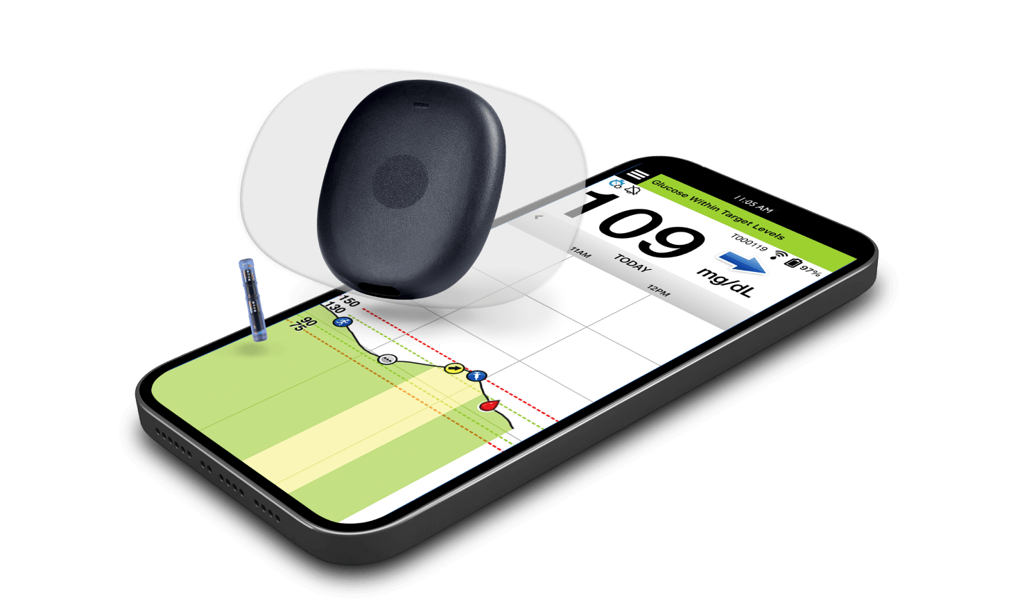 The Eversense long-term CGM device hovers above a smartphone displaying a glucose monitoring app