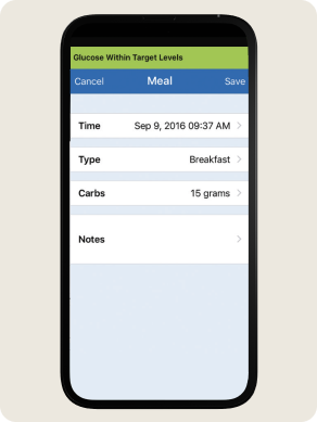 Smartphone displaying a meal tracking app