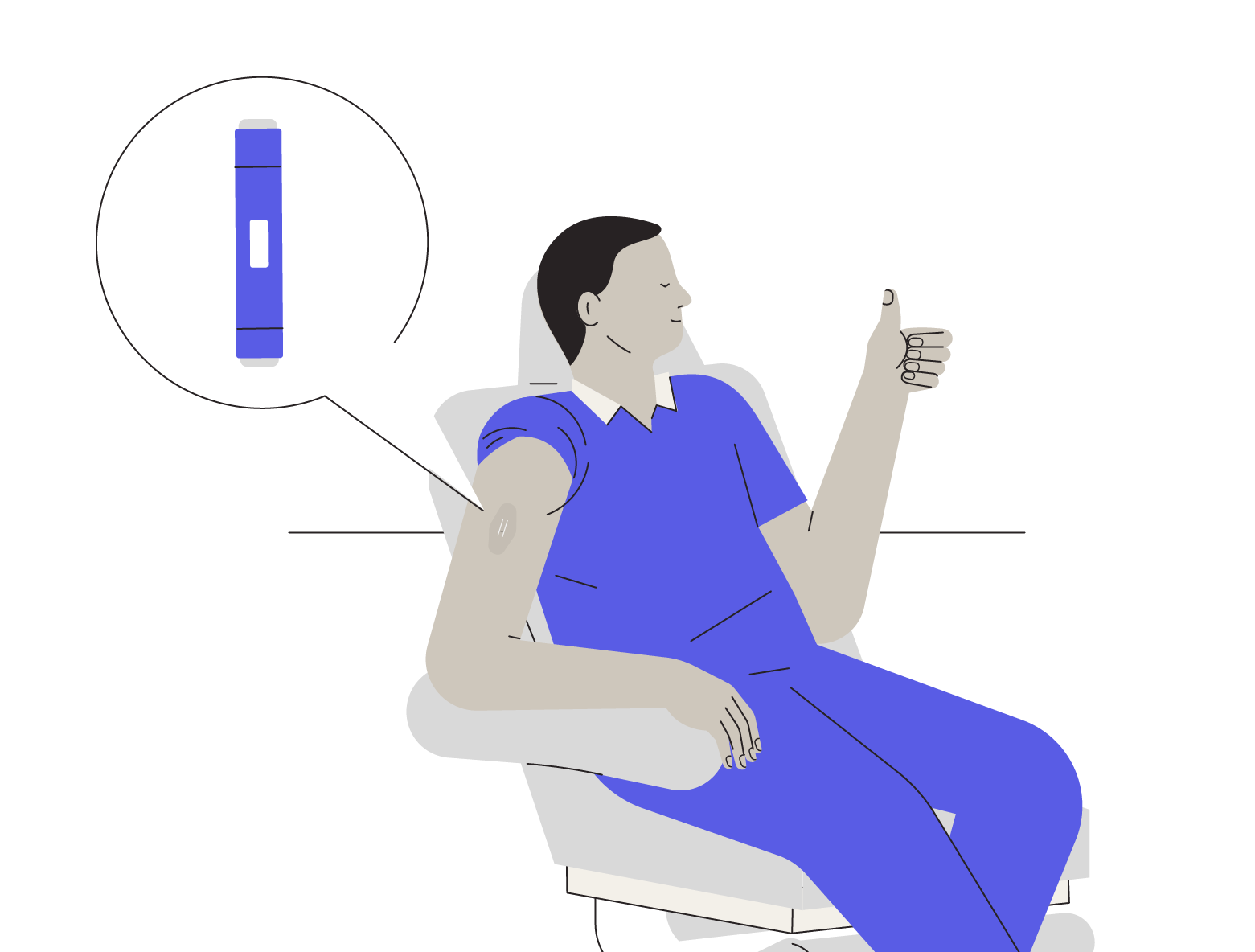 Glucose CGM user seated in a chair, giving thumbs up, with an Eversense glucose sensor on arm